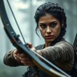 A determined young woman with dark hair in a braid, wearing tactical gear, standing in a misty forest with bow and arrow ready, intense focused expression, photorealistic cinematic lighting, survival warrior aesthetic