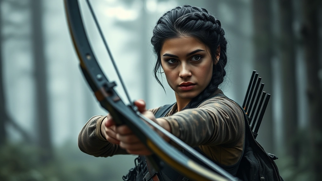 A determined young woman with dark hair in a braid, wearing tactical gear, standing in a misty forest with bow and arrow ready, intense focused expression, photorealistic cinematic lighting, survival warrior aesthetic