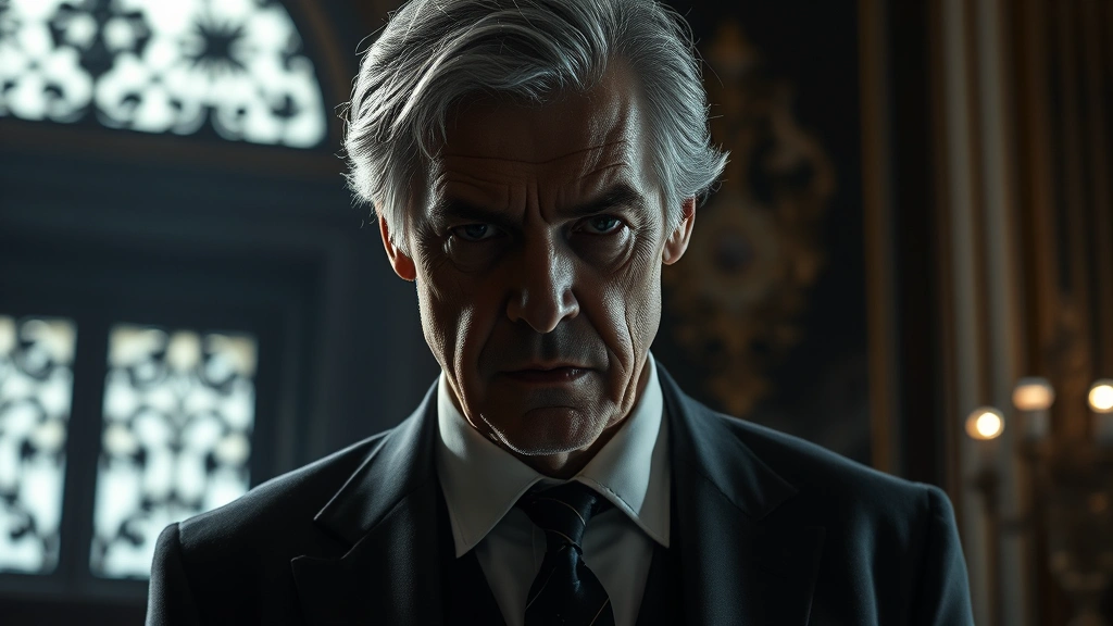 An older weathered man with grey hair in formal Capitol attire standing in shadows, menacing expression, ornate decorative elements visible in background, photorealistic dramatic lighting, antagonist presence
