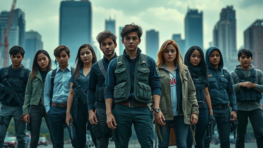A group of young people in diverse tactical and formal clothing standing together against a dystopian cityscape backdrop, united expression, photorealistic cinematic composition, rebellion and unity theme