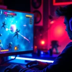 A gamer intensely focused on their monitor displaying a vibrant, colorful roguelike game with dynamic particle effects and glowing UI elements, professional gaming setup with RGB lighting in dark room