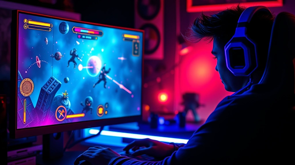 A gamer intensely focused on their monitor displaying a vibrant, colorful roguelike game with dynamic particle effects and glowing UI elements, professional gaming setup with RGB lighting in dark room