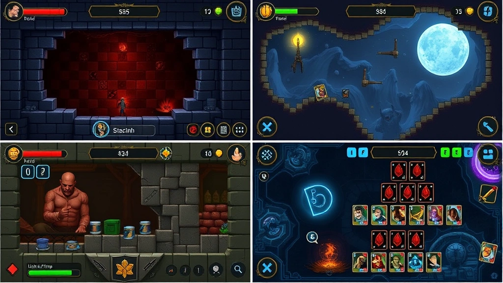 Multiple gaming screens showing different roguelike game scenes with varied environments - one showing a dungeon level, another a space setting, third showing a card game interface, all with randomized elements
