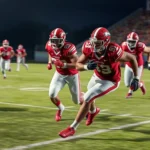 Photorealistic football players in Razorback uniforms executing a perfectly timed running play on grass field, defensive players attempting to make tackle, stadium lights visible in background, dynamic action shot with motion blur