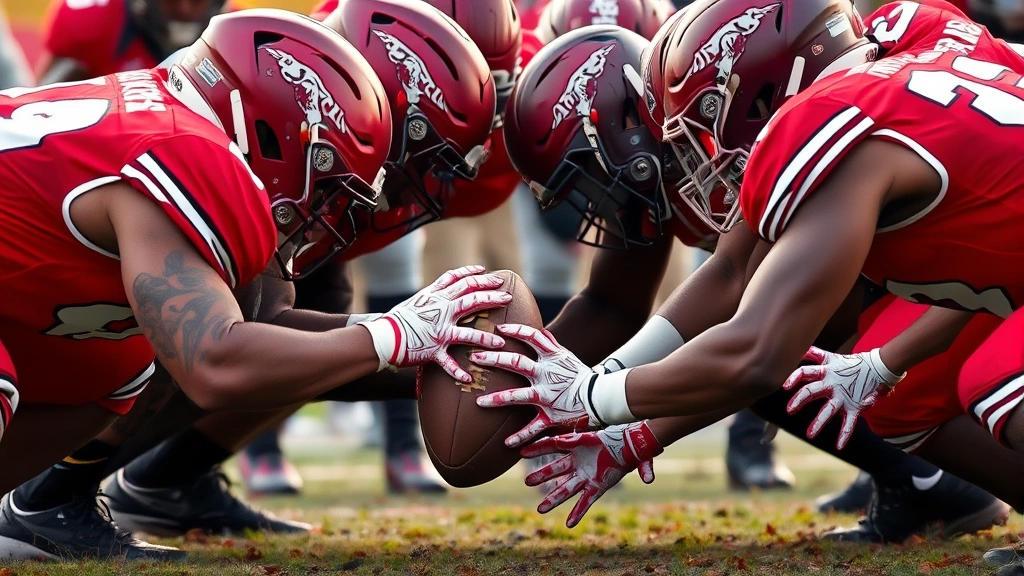 Close-up of defensive linemen in red Razorback jerseys applying intense pressure on opposing quarterback, faces showing determination and focus, grass and dirt visible, autumn lighting, no UI elements