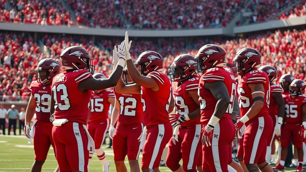 Wide angle of Razorback team celebrating on sideline after scoring touchdown, players high-fiving and encouraging each other, genuine emotion and camaraderie, stadium crowd blurred in background, natural daylight