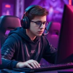 Professional esports player sitting at gaming desk wearing headset, intense focused expression, RGB lighting in background, hands on keyboard and mouse, modern gaming setup with multiple monitors