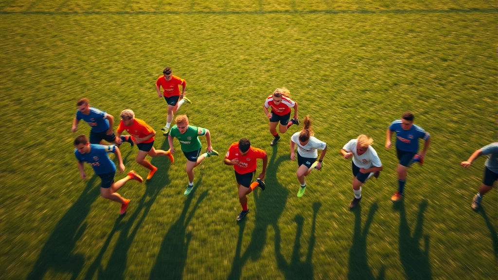 Overhead view of diverse group of players running on grassy field during daytime, dynamic motion blur, competitive athletic energy, natural outdoor lighting, vibrant colors