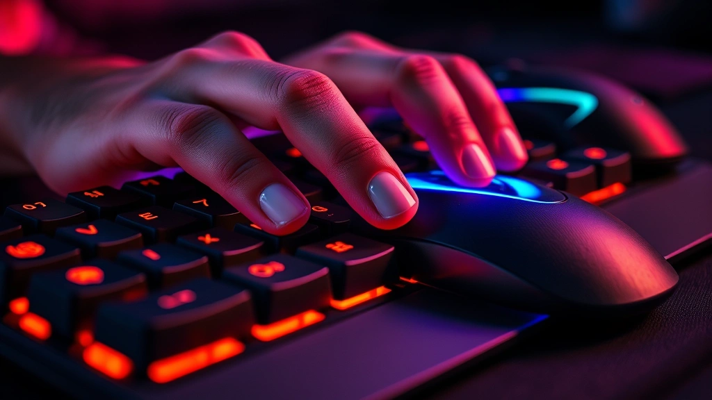 Close-up of gamer's hands on mechanical keyboard and mouse during intense gameplay moment, RGB lighting illuminating fingers, sweat visible on skin, dramatic side lighting creating shadows