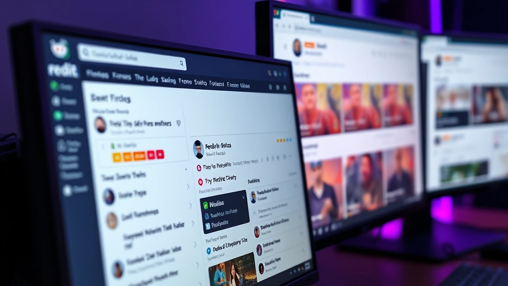 Close-up of multiple gaming monitors displaying community forums, Reddit threads, and discussion pages with colorful upvote buttons and user avatars, photorealistic, detailed screen content