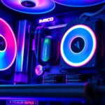 Close-up of a high-performance gaming PC with RGB lighting, showing SSD storage and cooling systems, photorealistic detail of hardware components, no text or UI elements