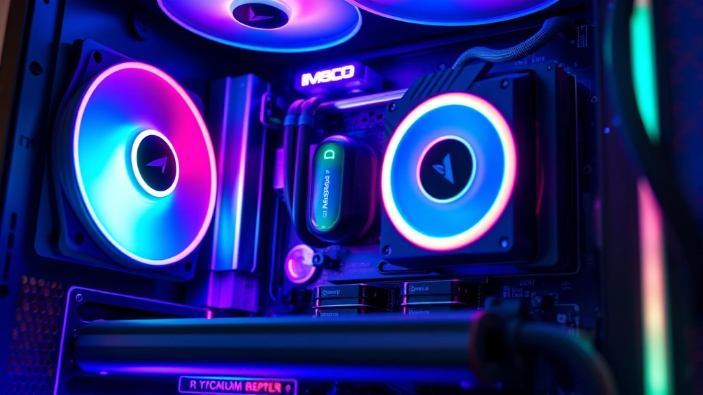 Close-up of a high-performance gaming PC with RGB lighting, showing SSD storage and cooling systems, photorealistic detail of hardware components, no text or UI elements