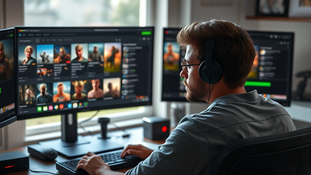 Gamer sitting at desk with dual monitors displaying game libraries and download progress bars, natural lighting, focused expression, no visible screen text or menus