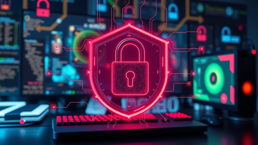 Cybersecurity concept showing digital lock and shield symbols protecting a gaming setup, abstract digital elements with gaming peripherals in background, photorealistic style, no text overlays