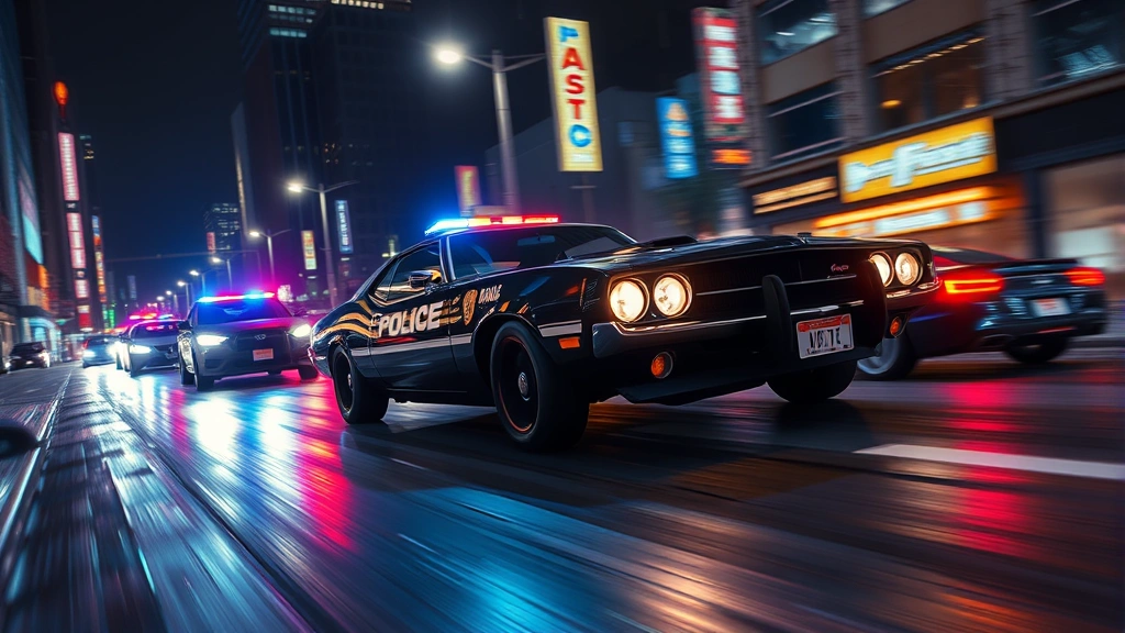 High-speed police chase through neon-lit urban streets at night, muscle car weaving through traffic with dynamic motion blur and city lights reflecting off wet pavement, PS5-quality graphics