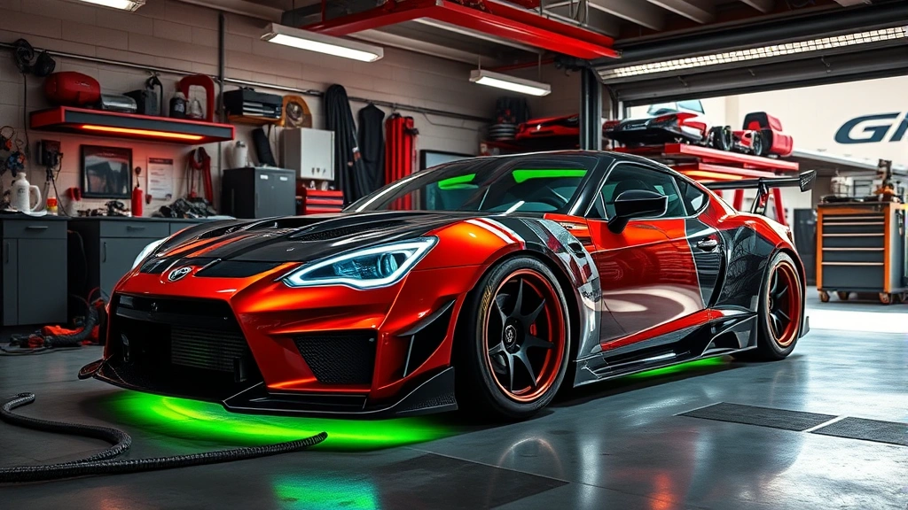 Customized sports car in a garage workshop with underglow lighting and performance parts visible, mechanic tools scattered around, detailed vehicle modifications showcase with vibrant colors