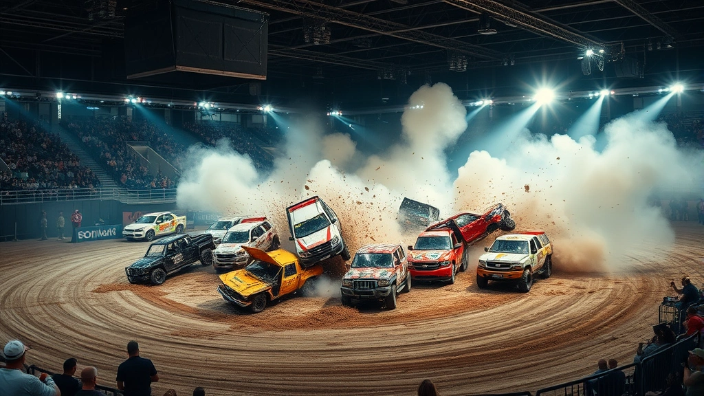 Massive demolition derby arena with multiple vehicles colliding in explosive chaos, dust clouds and debris flying, destructible environment with spectators in stands, dynamic destruction physics