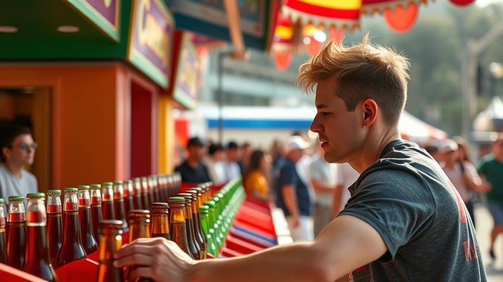 Wide shot of a player in perfect athletic stance at a ring toss game, focused expression concentrating on target, colorful carnival booth with bottles and pegs arranged in rows, bright daytime lighting, crowd slightly blurred in background