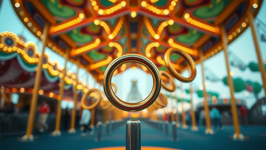 Ring descending toward a peg in slow-motion style composition, multiple rings frozen mid-arc showing different trajectories, target pegs clearly visible, vibrant carnival atmosphere, depth-of-field effect emphasizing the landing zone