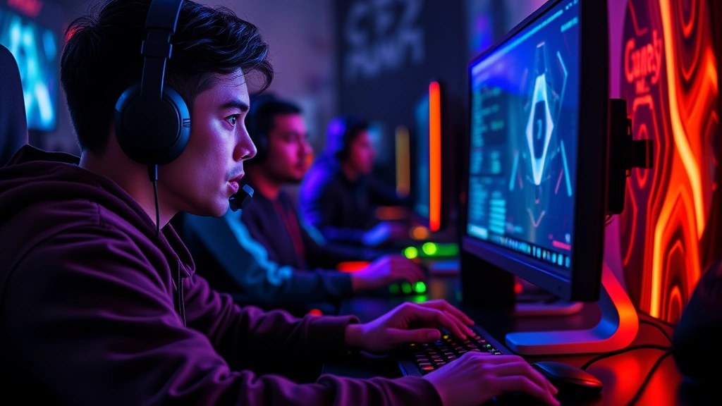 Intense gaming session with player focused on monitor, RGB lighting casting colorful glow, mechanical keyboard and high-end mouse visible, competitive atmosphere