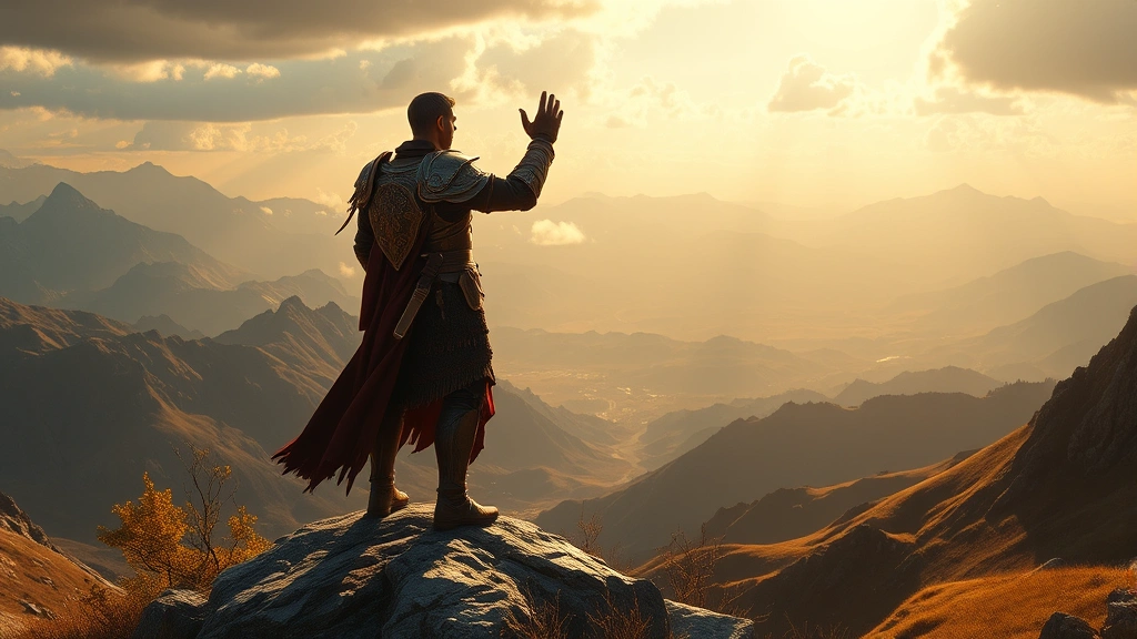Fantasy character in full armor standing victorious on mountain peak overlooking vast landscape, golden lighting, epic fantasy aesthetic, no UI elements