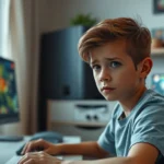 Young teenager sitting at desk with concerned expression, computer screen visible in background showing gaming interface, modern bedroom setting, natural lighting from window, photorealistic style