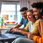 Diverse group of young gamers sitting together in casual clothing, smiling while looking at a laptop screen displaying a colorful virtual apartment interior, warm living room setting with natural light
