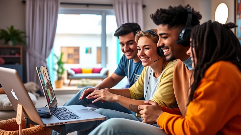 Diverse group of young gamers sitting together in casual clothing, smiling while looking at a laptop screen displaying a colorful virtual apartment interior, warm living room setting with natural light