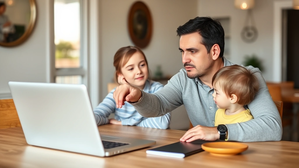 Parent and child having conversation at dining table, parent pointing at laptop screen showing parental control settings, warm home environment, daylight, realistic photography