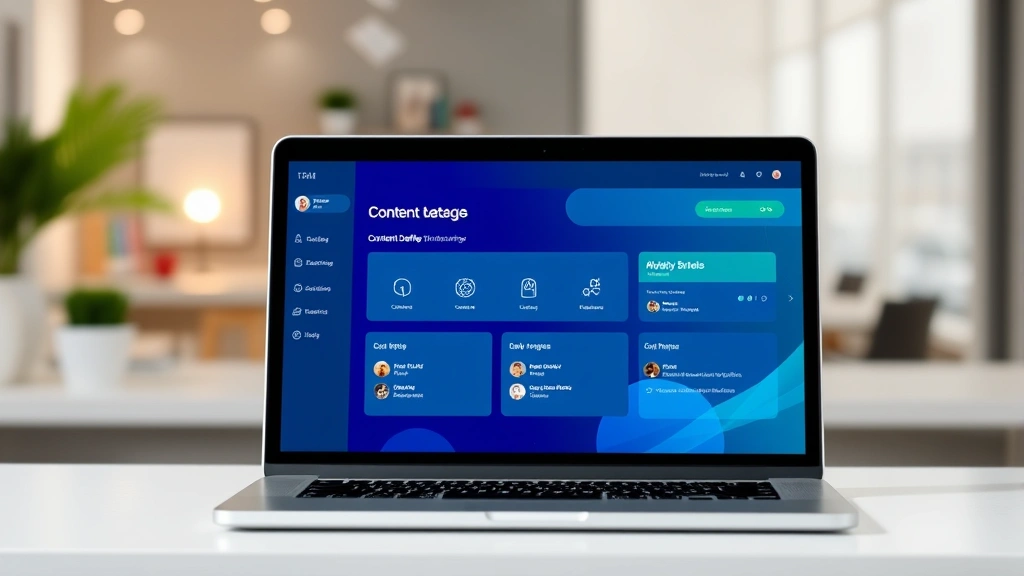 Laptop screen displaying content moderation dashboard with safety icons and warning symbols, abstract digital interface, blue and green accent colors, no text visible, professional setup