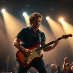 Professional guitarist performing on stage with dramatic stage lighting, electric guitar in hand, intense expression, concert atmosphere with crowd silhouettes in background, photorealistic style