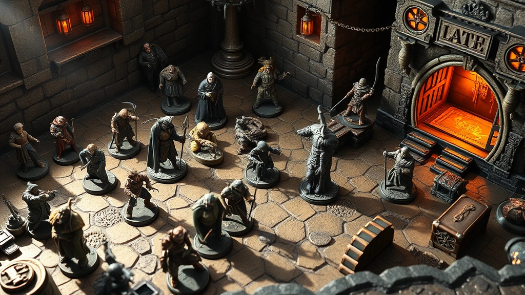 Detailed tabletop miniatures on elaborate dungeon terrain with painted monsters and player characters, dramatic lighting casting shadows, intricate handcrafted scenery with stone walls and treasure chests