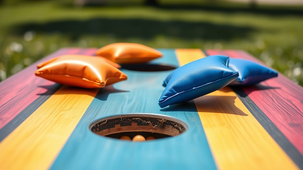 Close-up of colorful bean bags landing on cornhole board surface, some near the hole opening, professional tournament-style boards with perfect finish, outdoor daylight showing bag positions and scoring opportunities