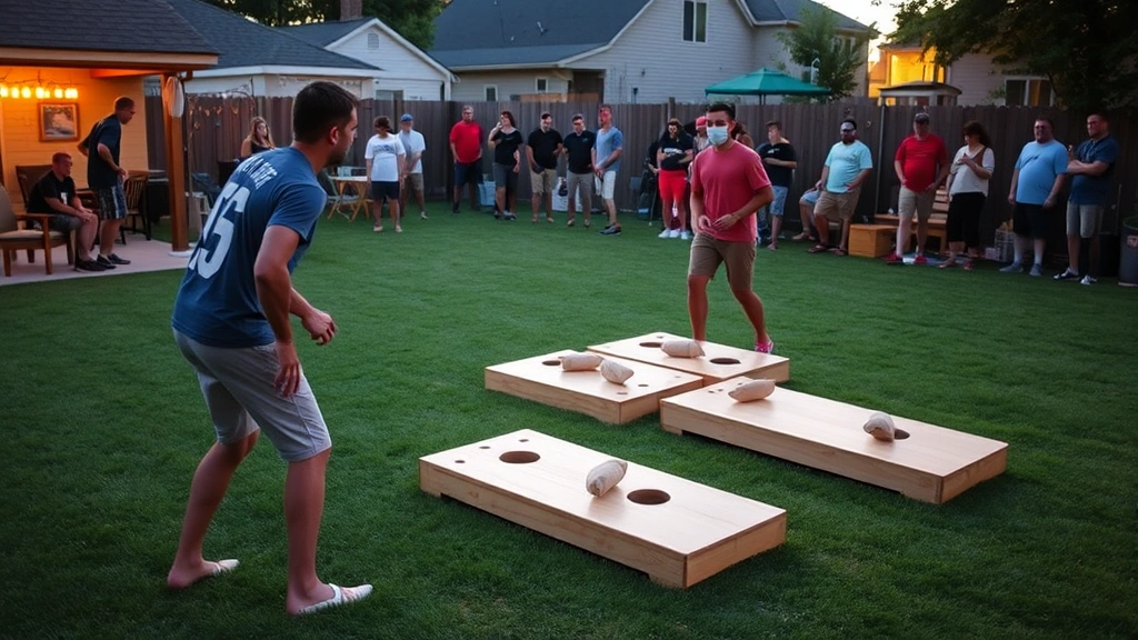 Players competing in casual backyard cornhole game with friends, relaxed atmosphere, grass court setting, multiple bags in various positions on boards, spectators watching in background, summer evening lighting