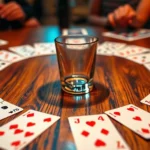 Close-up of playing cards spread in a circle on a wooden table with a central glass cup, vibrant party lighting, photorealistic, no text or UI elements