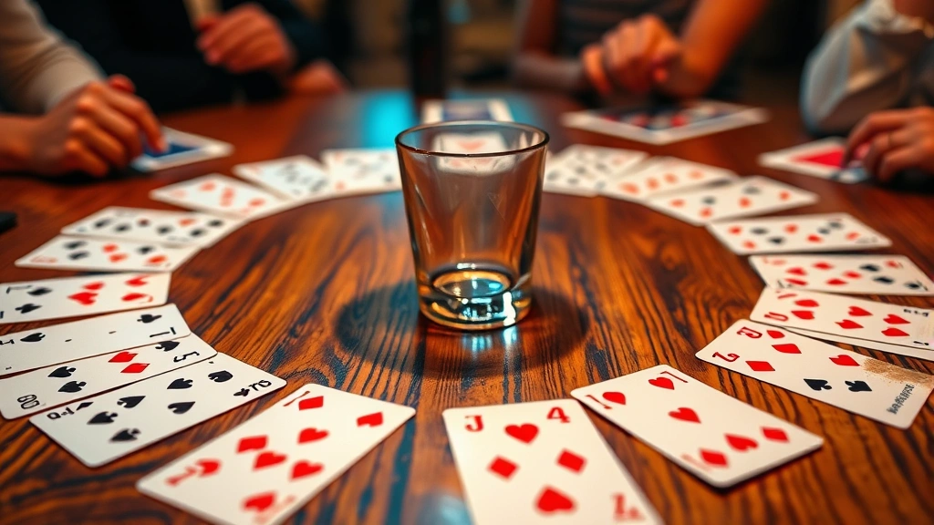 Close-up of playing cards spread in a circle on a wooden table with a central glass cup, vibrant party lighting, photorealistic, no text or UI elements