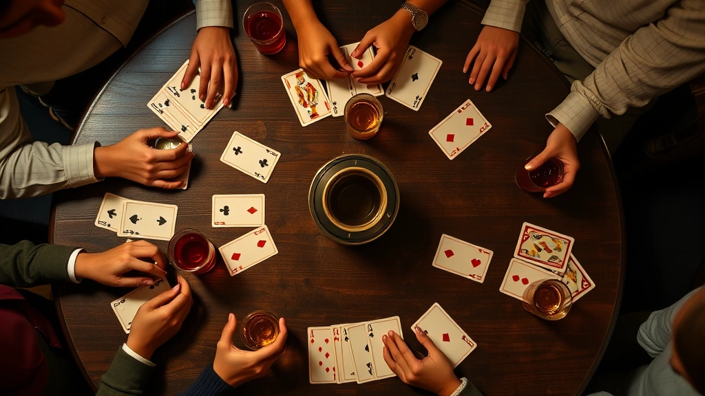 Overhead view of Kings Cup game setup with deck of cards, Kings Cup in center, player drinks around table, cozy game night ambiance, no visible card text or numbers