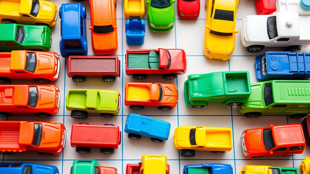 Close-up of colorful toy cars and trucks arranged on a 6x6 grid puzzle board, showing various vehicle positions with bright primary colors, realistic plastic toy styling, top-down perspective, no text or labels visible