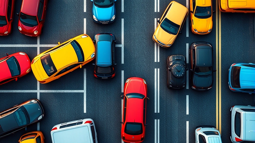 Overhead view of a complex traffic jam puzzle configuration with multiple vehicles blocking each other, vibrant colors, detailed vehicle designs, realistic lighting, puzzle-solving scenario visualization, no UI elements