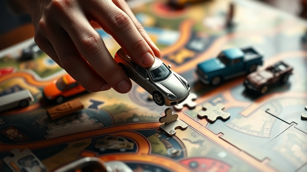 Hands manipulating puzzle vehicles on a game board, showing the moment of sliding a car piece, dynamic action shot, realistic human interaction with game, focused lighting on the board, no screen or digital elements visible