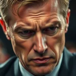 Professional businessman in intense concentration during high-stakes competition, sweat on forehead, calculating expression, dramatic lighting emphasizing tension and focus, photorealistic intensity