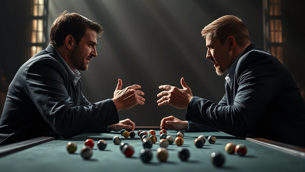 Two competitors facing off across a table with marbles scattered, tense confrontation moment, emotional intensity visible in body language, dramatic shadows and lighting, photorealistic competition scene