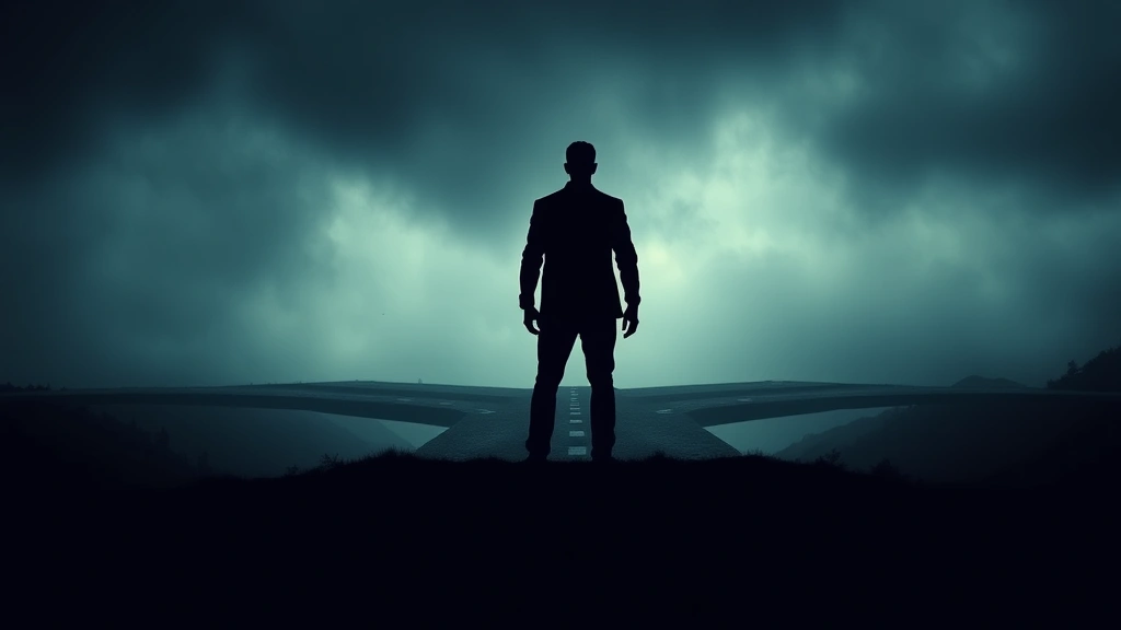 Silhouette of solitary figure standing at crossroads with multiple paths diverging, representing difficult strategic choices and moral decisions, moody atmospheric lighting, photorealistic conceptual image