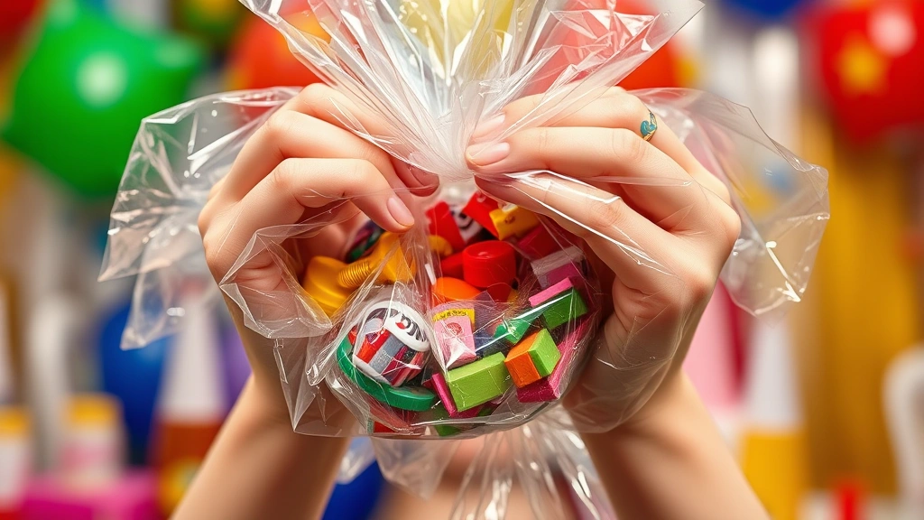 Close-up of hands unwrapping multiple layers of transparent saran wrap revealing colorful small prizes and gift items inside, vibrant party atmosphere with blurred celebration background