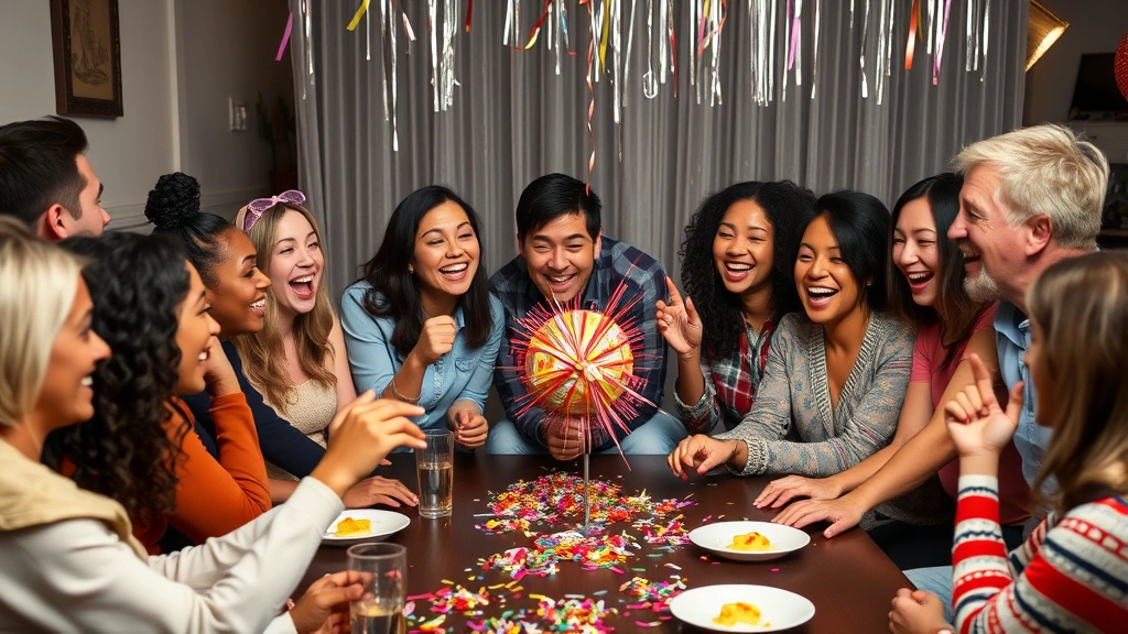 Group of diverse people sitting in circle around a table laughing and cheering as one person unwraps saran wrap ball, confetti and party decorations visible, joyful celebration moment captured
