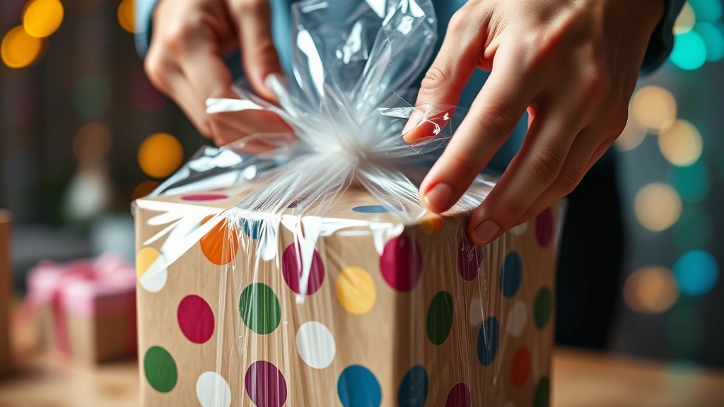 Close-up of hands rapidly unwrapping clear plastic wrap around a gift box, fingers pinching wrap edges with intense focus, vibrant party setting blurred in background, dynamic action shot