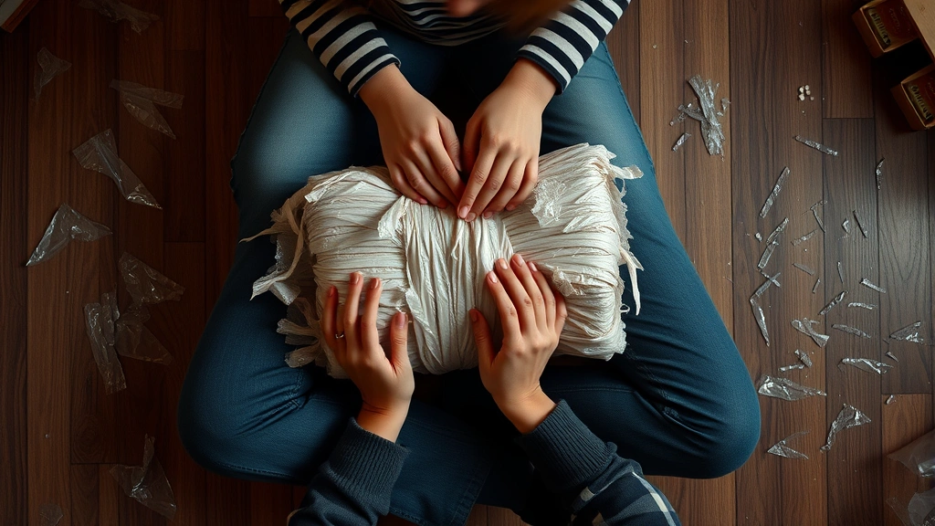Top-down view of person sitting cross-legged on floor with wrapped bundle between knees, hands actively unwrapping layers, scattered plastic wrap visible, competitive game night atmosphere
