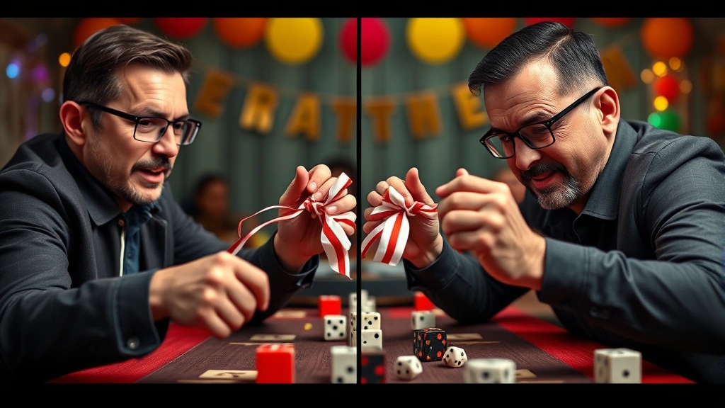 Split-screen showing two players unwrapping simultaneously, hands moving fast, determined expressions, colorful party decorations and dice visible in background, exciting game moment captured