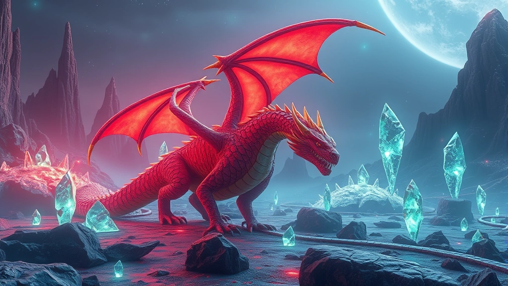 Vibrant 3D rendered dragon in futuristic alien landscape with glowing crystals and otherworldly terrain, photorealistic lighting and atmospheric effects, no UI elements