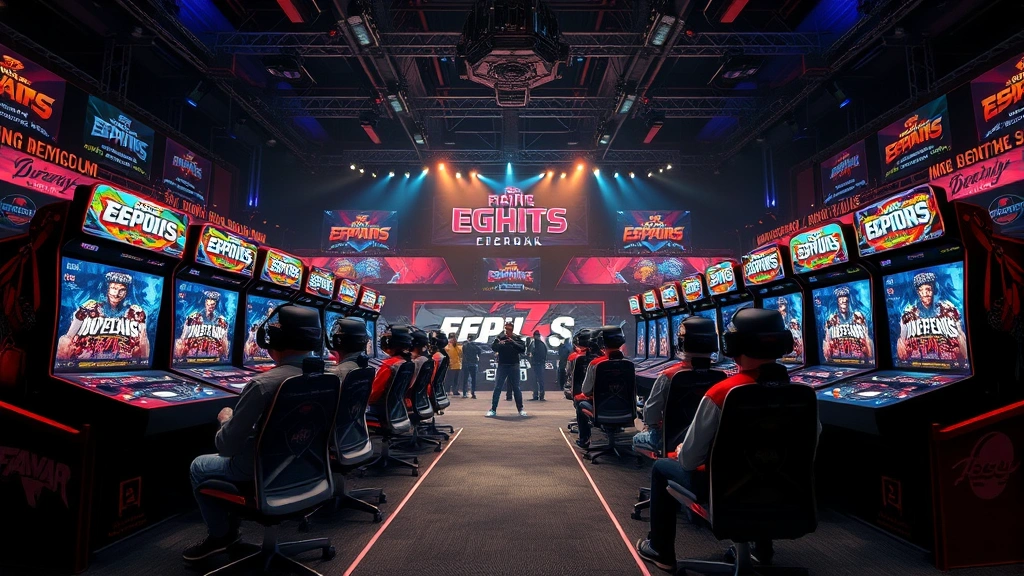 Professional esports tournament setting with fighting game arcade cabinets and competitive players in action, dramatic lighting and focused intensity, stadium environment